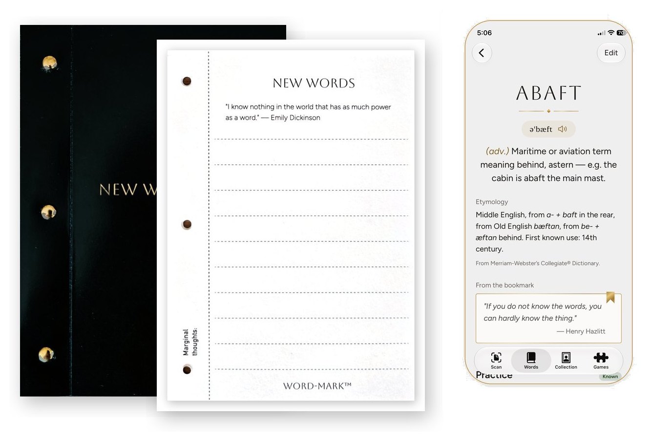 Word-Mark bookmark, cover and iPhone app